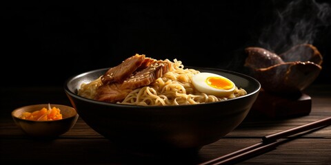 a bowl of noodles with meat and an egg