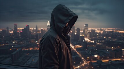 A faceless thief in unrecognizable hoodie standing in the middle of the night in front of the city concept. Generative Ai.