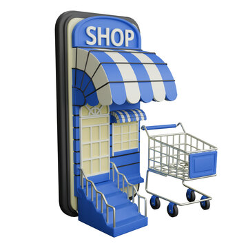 Mobile shopping illustration with cart idea 3D rendering icon isolated, perfect for ecommerce business