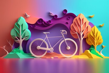 World bicycle day colorful background in paper cut style. Eco friendly bicycle concept. Generative AI