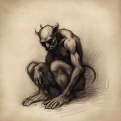 A drawing of a demon sitting on the ground Generative Ai