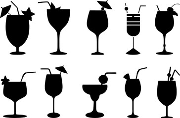 Set of multiple style and shape Cocktail silhouettes. Relax and refreshment symbols.