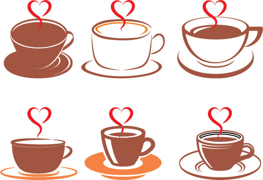 Coffee cup set with heart shaped hot steam. International coffee day image for coffee shop signboard or invitation card.Editable vector, easy to change color or size. eps 10.