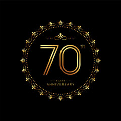 70th anniversary logo with golden number for celebration event, invitation, wedding, greeting card, banner, poster, flyer. Ornament vector design