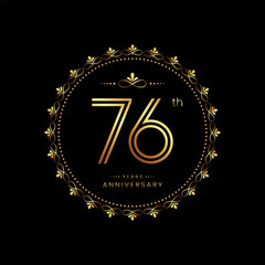 76th anniversary logo with golden number for celebration event, invitation, wedding, greeting card, banner, poster, flyer. Ornament vector design