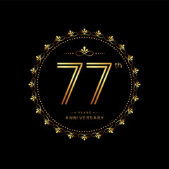 77th anniversary logo with golden number for celebration event, invitation, wedding, greeting card, banner, poster, flyer. Ornament vector design