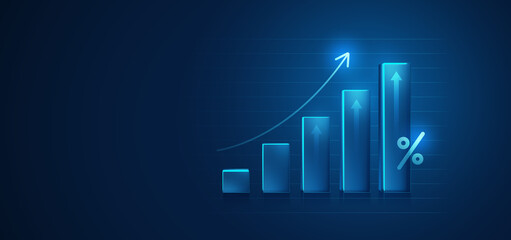 Growth business graph percentage chart success diagram on financial investment 3d background with digital trade market stock concept or profit economy analysis marketing and increase strategy price. - obrazy, fototapety, plakaty