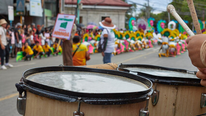 Tagbilaran, Bohol, Philippines, 04.30.2023 Festival Saulog street dancing competition, parade, drums, blurred background