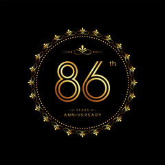 Naklejka premium 86th anniversary logo with golden number for celebration event, invitation, wedding, greeting card, banner, poster, flyer. Ornament vector design