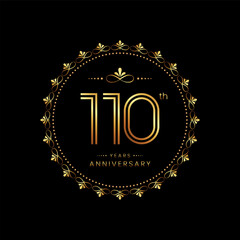 110th anniversary logo with golden number for celebration event, invitation, wedding, greeting card, banner, poster, flyer. Ornament vector design