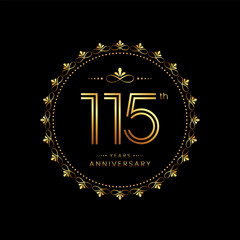 115th anniversary logo with golden number for celebration event, invitation, wedding, greeting card, banner, poster, flyer. Ornament vector design