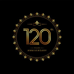 120th anniversary logo with golden number for celebration event, invitation, wedding, greeting card, banner, poster, flyer. Ornament vector design