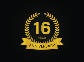 16th years golden anniversary logo celebration with ring and ribbon.