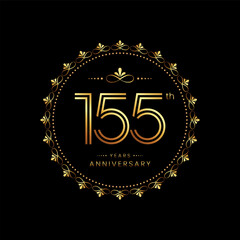 155th anniversary logo with golden number for celebration event, invitation, wedding, greeting card, banner, poster, flyer. Ornament vector design