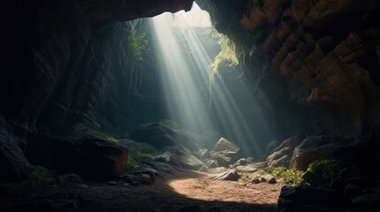 Beautiful dark cave with light rays shining through the cave. Dark cave with light rays coming through the cave. Generative AI