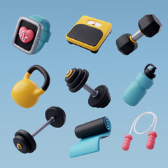 Set of 3d Vector of Workout gym tools, Sport equipment, Gym time concept.