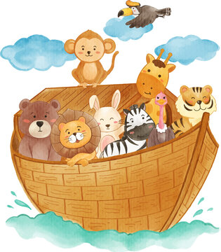 Noah ark with many wildlife animals . Watercolor painting .