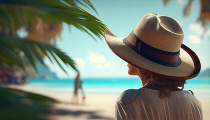 Back view of girl on the beach. Illustration AI Generative