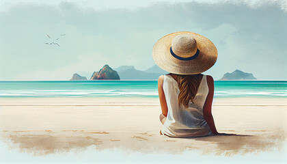 Fototapeta na wymiar Back view of girl on the beach. Illustration AI Generative