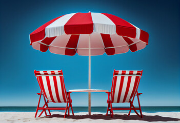 Beach umbrella with chairs and sand
