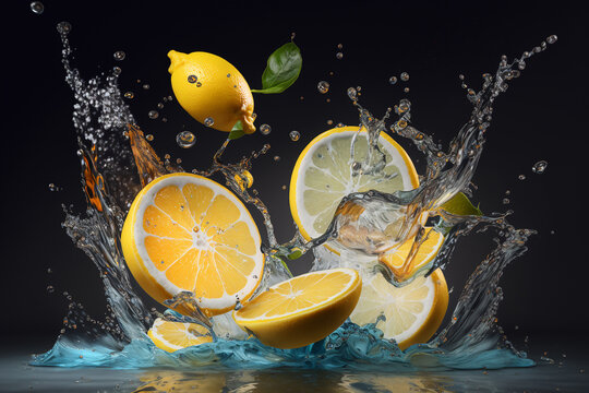 fresh lemon flying on water surface with strong splash of water drops
