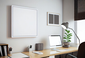 Office interior with Mock up poster on wall, workplace. 3d rendering