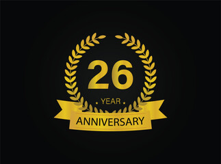 26th years golden anniversary logo celebration with ring and ribbon.