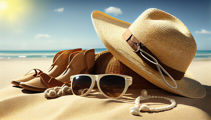 sandy beach with summer accessories and sunglasses