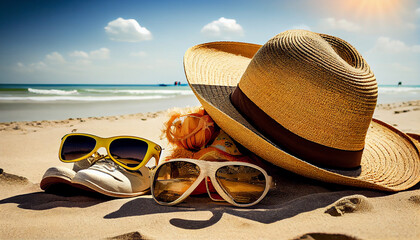 sandy beach with summer accessories and sunglasses