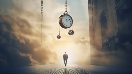 A man is walking on an empty road towards the endless horizon of the sky, with a huge clock suspended over his head. Emphasizing the importance of time and the concept of time travel. AI generative