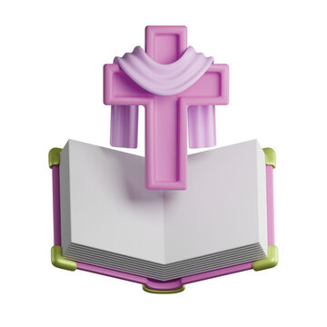 Pink Christian cross and bible 3D rendering icon isolated, perfect for easter day event