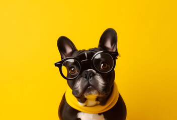 pug portrait with yellow background wearing black glasses generative ai
