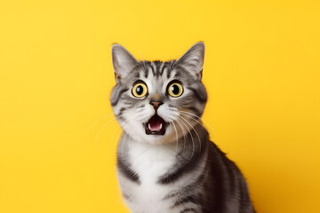A Shocked cute small cat with yellow eyes facing camera open mouth, Shocked cat, Portrait of Cat, Worried Cat created with generative ai - Powered by Adobe