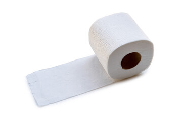 Single roll of white tissue paper or napkin prepared for use in toilet or restroom isolated on white background with clipping path