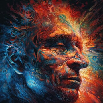 Surreal AI art portrays a transcendent figure, enveloped in vivid psychedelic hues, evoking a mystical, dreamlike dimension.