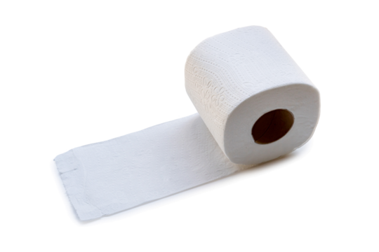 Single roll of white tissue paper or napkin prepared for use in toilet or restroom isolated on white background with clipping path in png file format
