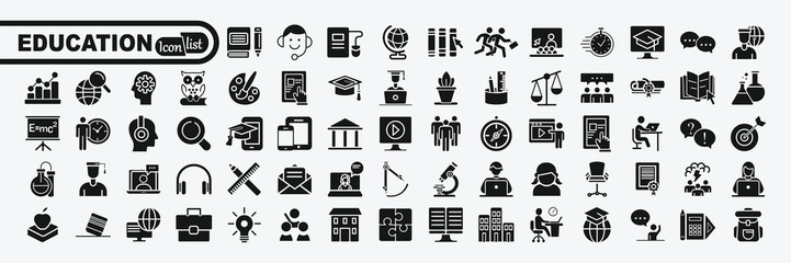 Education icon set. Distance learning. Containing video tuition, e-learning, online course, audio course, educational website. Vector illustration
