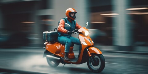 Obraz premium Delivery man ride scooter motorcycle with motion blur cityscape background. Generative AI