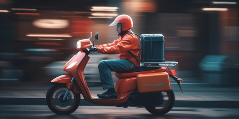 Fototapeta na wymiar Delivery man ride scooter motorcycle with motion blur cityscape background. Generative AI