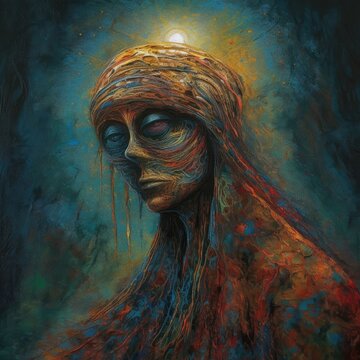 Surreal AI art portrays a transcendent figure, enveloped in vivid psychedelic hues, evoking a mystical, dreamlike dimension.
