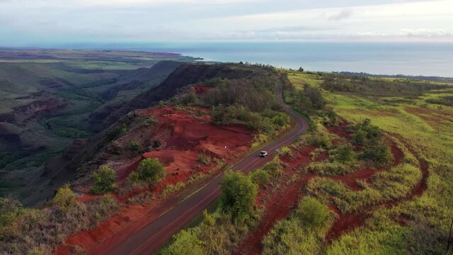 Aerial drone shot of stunning footage in Kauai, Hawaii. Showcasing the nautral landscape with tropical flora and fauna. view of a tropical rainforest valley in Hawaii. A truly natural beauty.