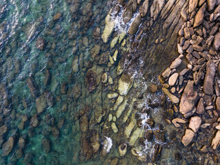 Aerial drone view of beautiful rocky with turquoise sea water of Gulf of Thailand. Kood island, Thailand.