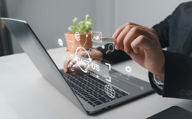 Communication hotline for customer support in solving problems or connecting services via the Internet E-mail, Chat live online in real time, using a laptop device with a virtual screen Contact us.