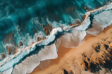 Fototapeta premium An aerial view of a beach with waves crashing on the shore, Generative Ai