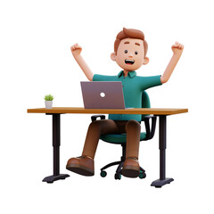 3d male character happy working on a laptop