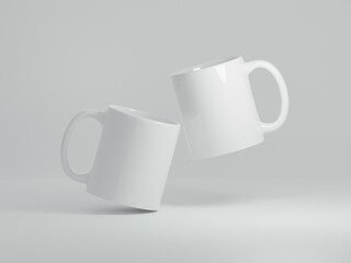 Floating and rotated white coffee cups 11 oz with copy space for the logo, text or design on a white background. Mock up for drink concept. Two mugs. 3D Rendering.