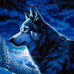Stunning Husky Illustration In A Winter Landscape With Stars in The Sky. Generative ai