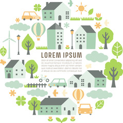Rural landscape illustration in a circular form with houses and trees