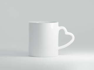 White coffee cups 11 oz with heart shaped handle with copy space for the logo, text or design on a white background. Mock up for drink concept. One mug. 3D Rendering.