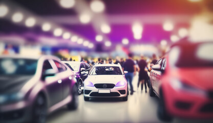 Fototapeta na wymiar Blurred, defocused background of public event exhibition hall showing cars and automobiles